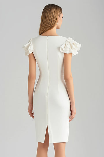 Ivory Sheath Boat Neck Ruffled Short Work Dress